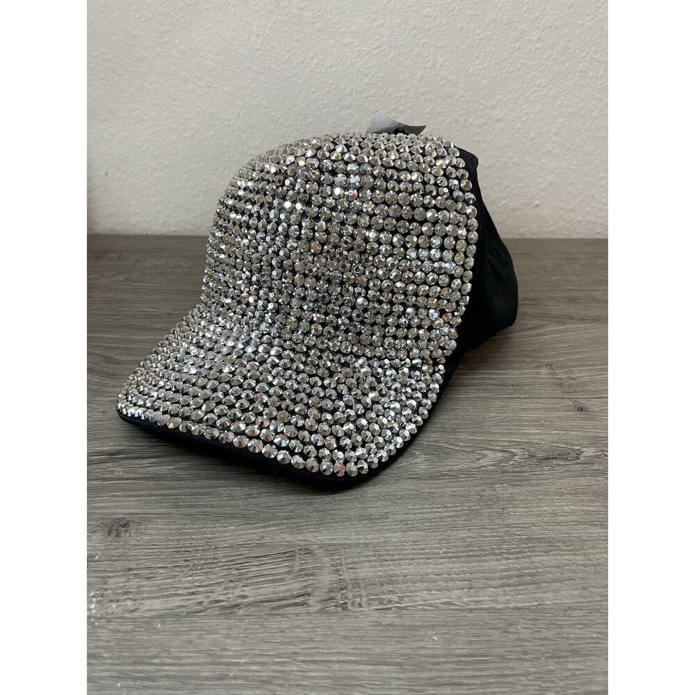 Bling Rhinestone Bedazzled Baseball Cap Silver Studded Adjustable Black Hat NEW